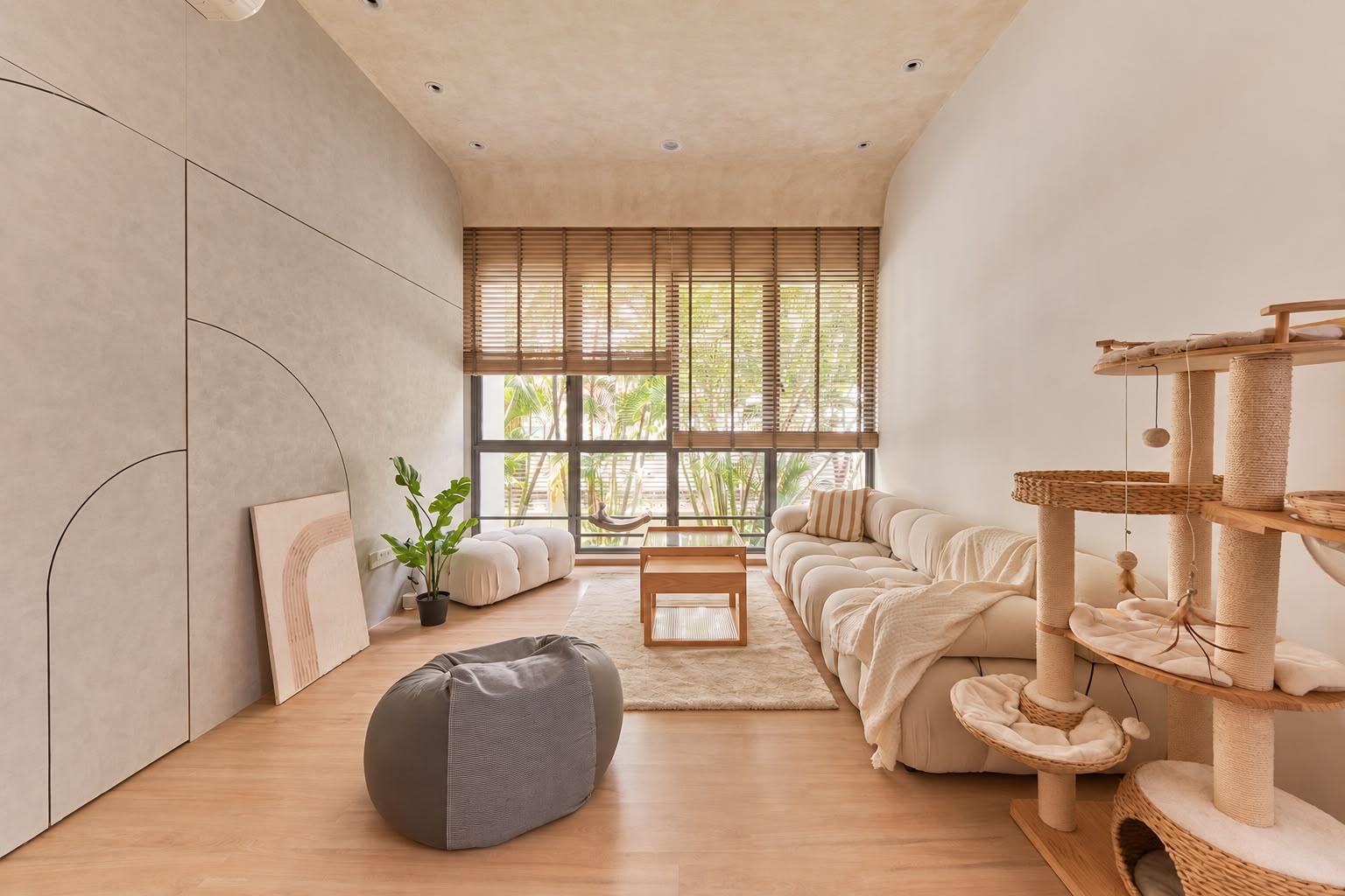 Contemporary Living Room with Vinyl Flooring and Feature Wall