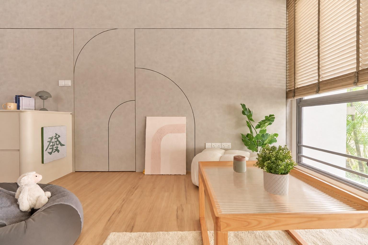 Contemporary Living Room with Vinyl Flooring and Feature Wall
