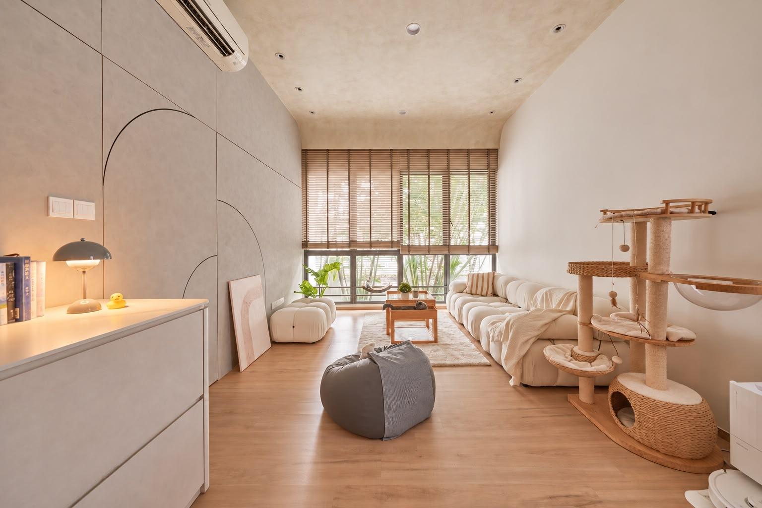 Contemporary Living Room with Vinyl Flooring and Feature Wall