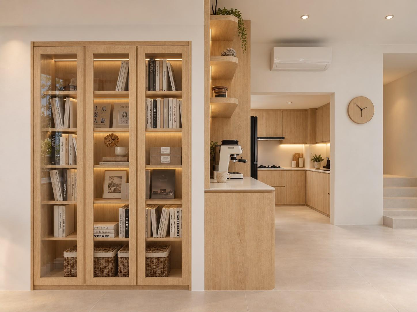 Contemporary Hallway with Bookshelf and Open Kitchen