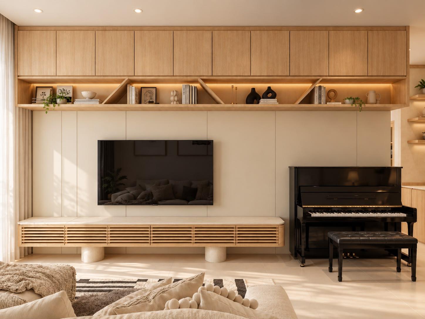 Contemporary Living Room with Bookshelf and TV Console