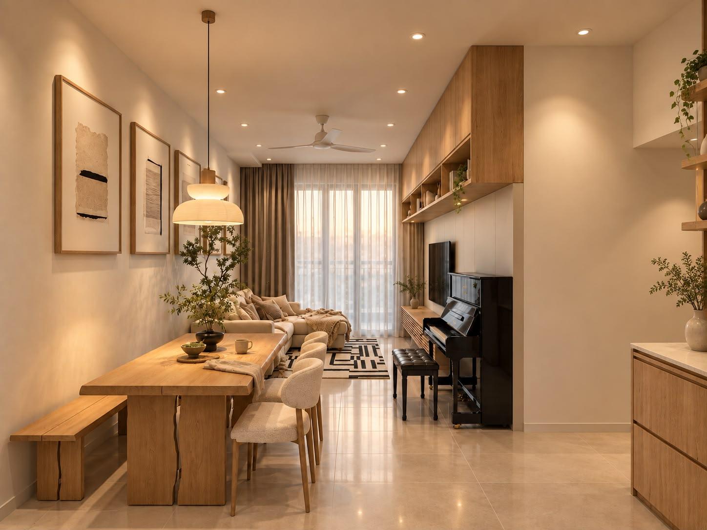 Contemporary Living Room with Homogeneous Tiles and TV Console