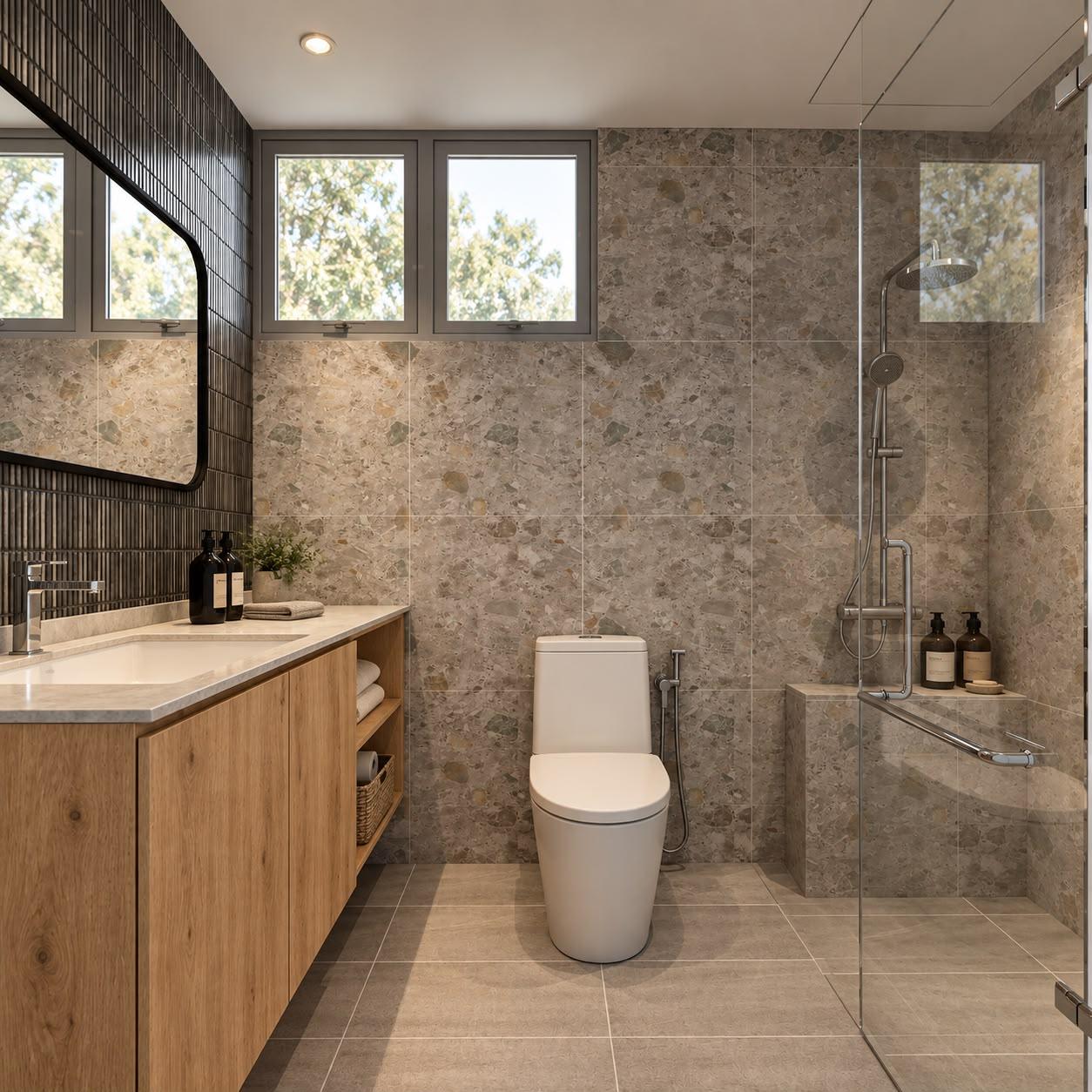 Contemporary Bathroom with Homogeneous Tiles and Shower Screen