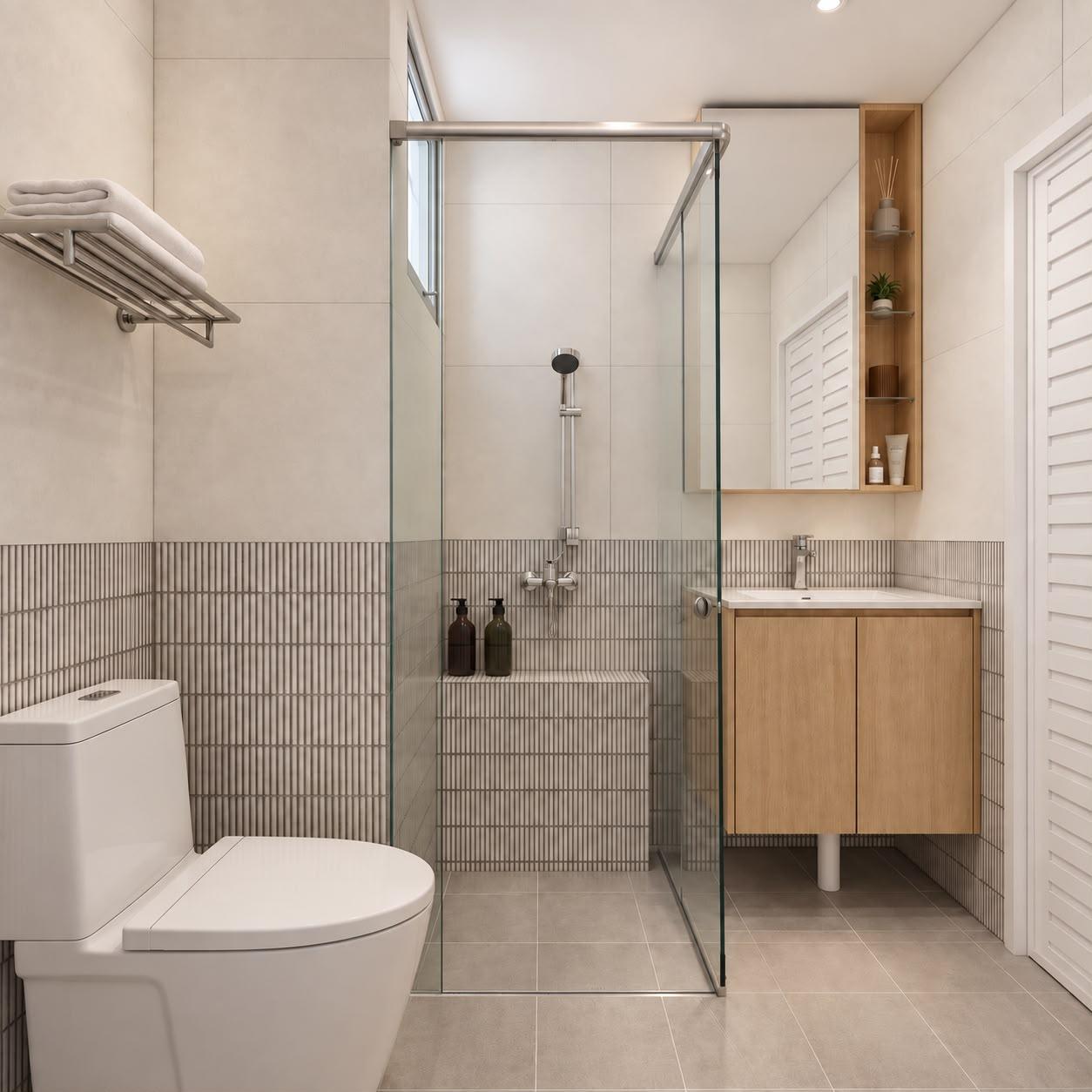 Contemporary Bathroom with Homogeneous Tiles and Mirror
