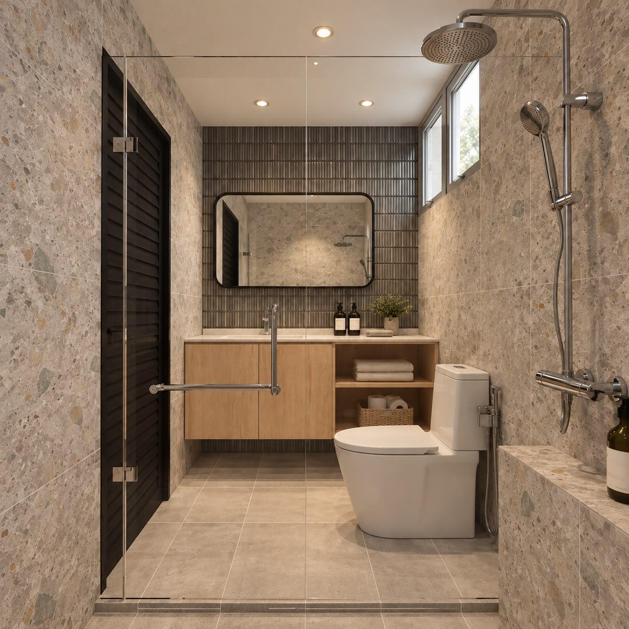 Contemporary Bathroom with Homogeneous Tiles and Mirror