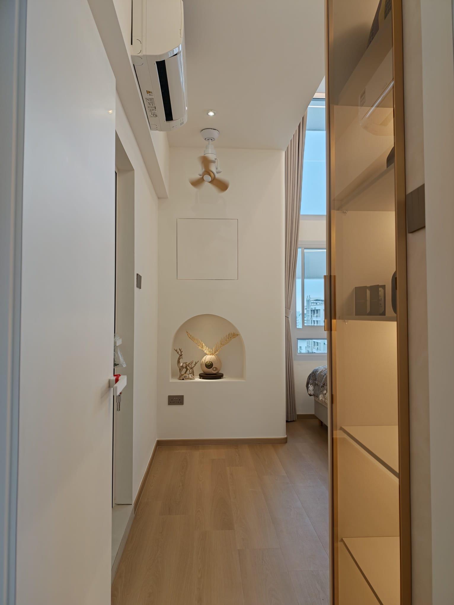 Asian Bedroom with Vinyl Flooring and Glass Door