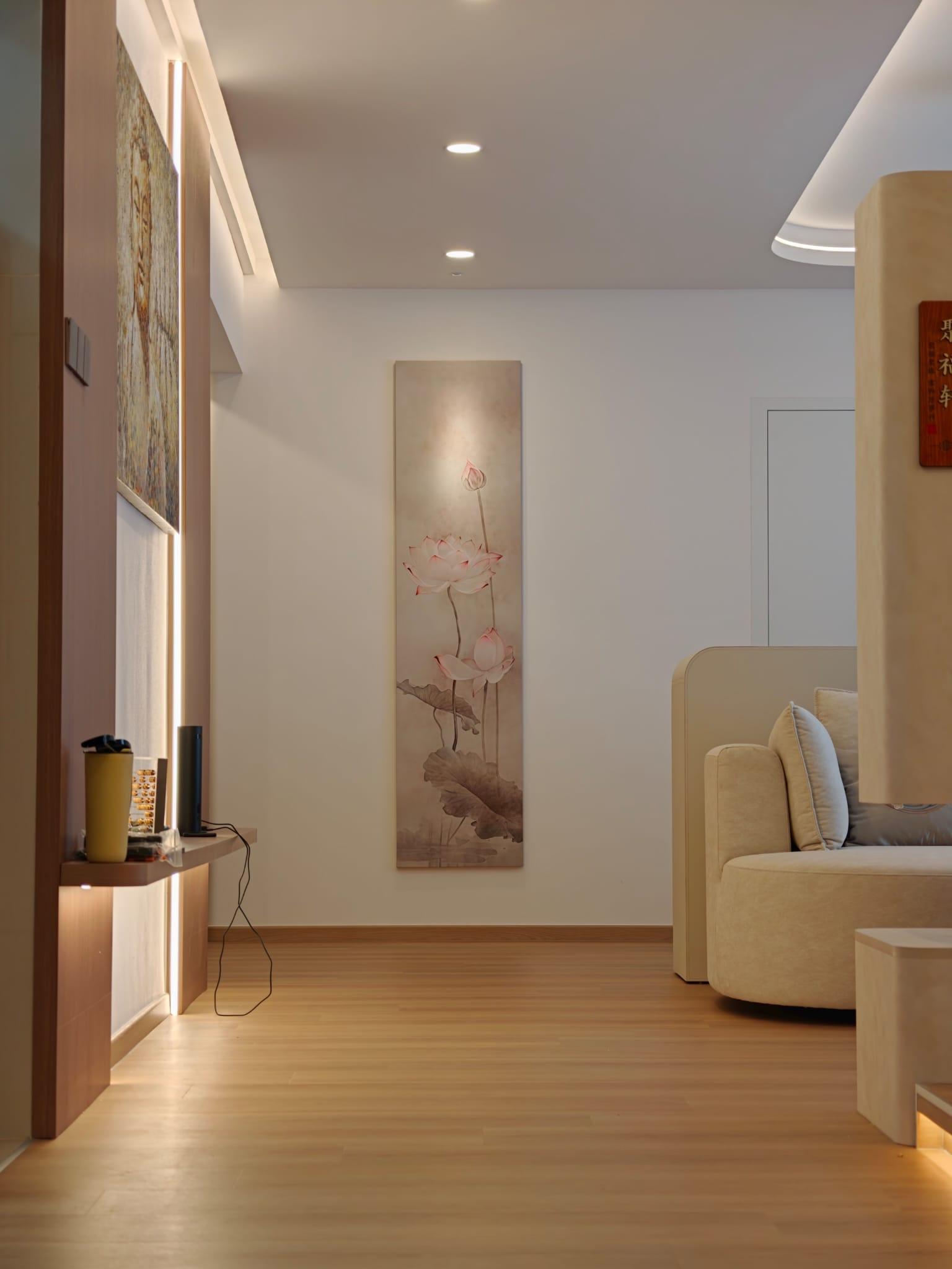 Asian Living Room with Vinyl Flooring and Feature Wall