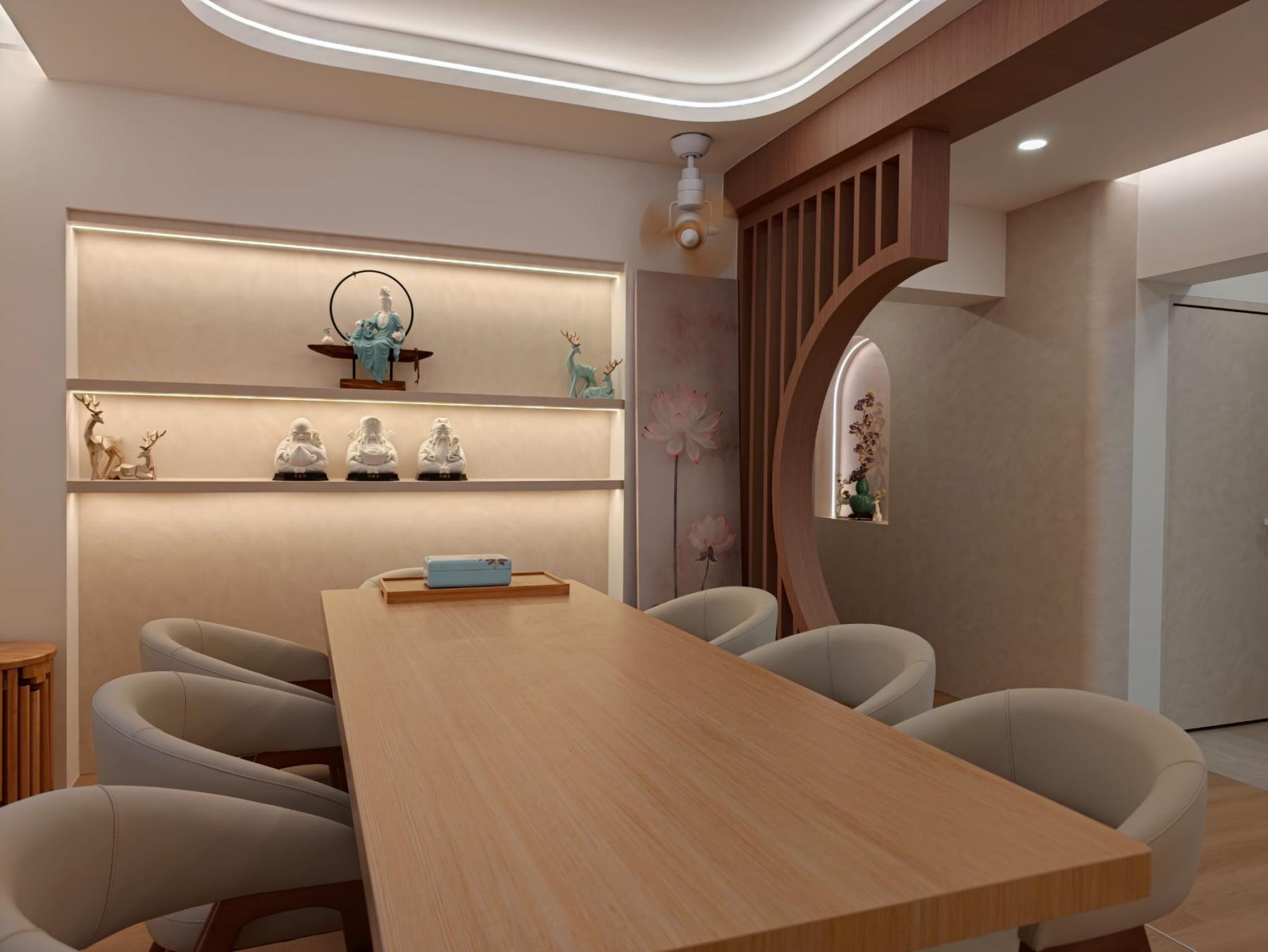 Asian Dining Room with Cove Lighting and Propeller Fan