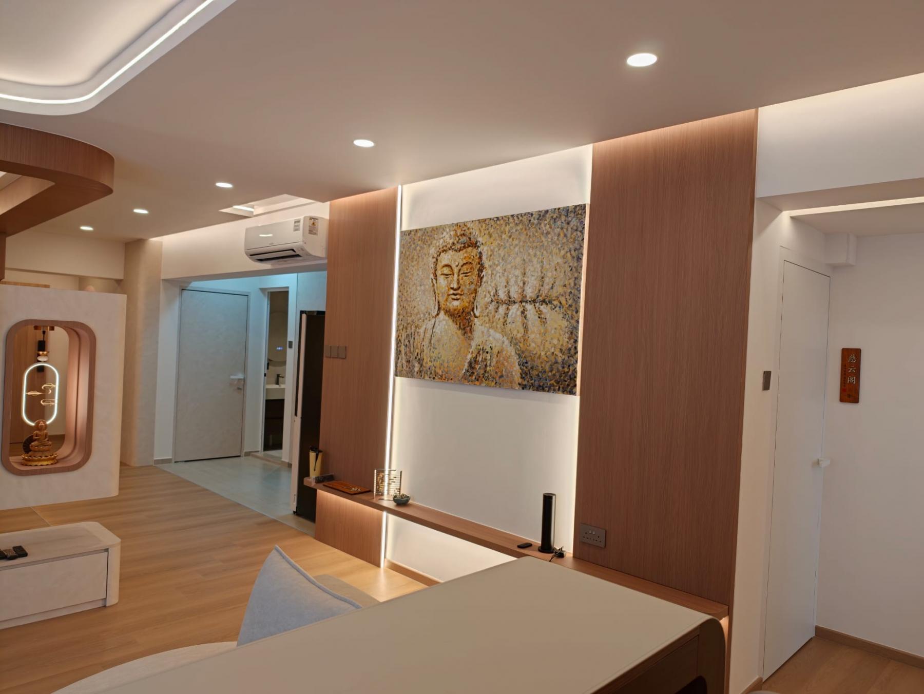 Asian Living Room with Vinyl Flooring and Feature Wall