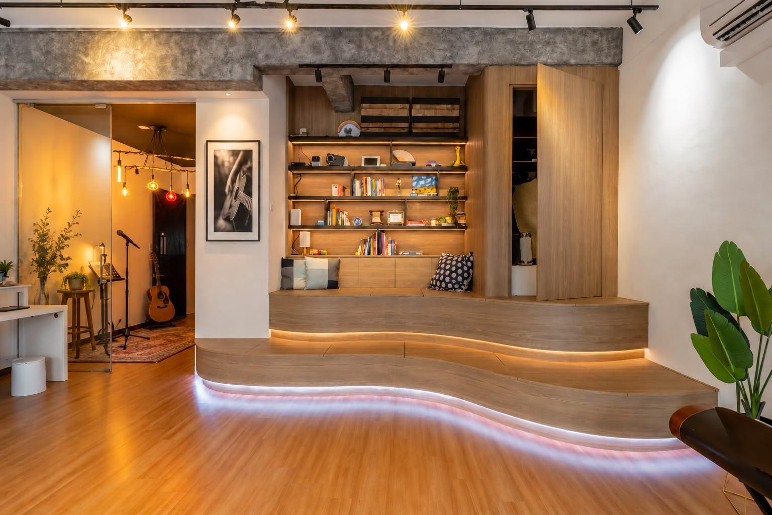 Eclectic Studio with Storage Cabinets and Bookcases