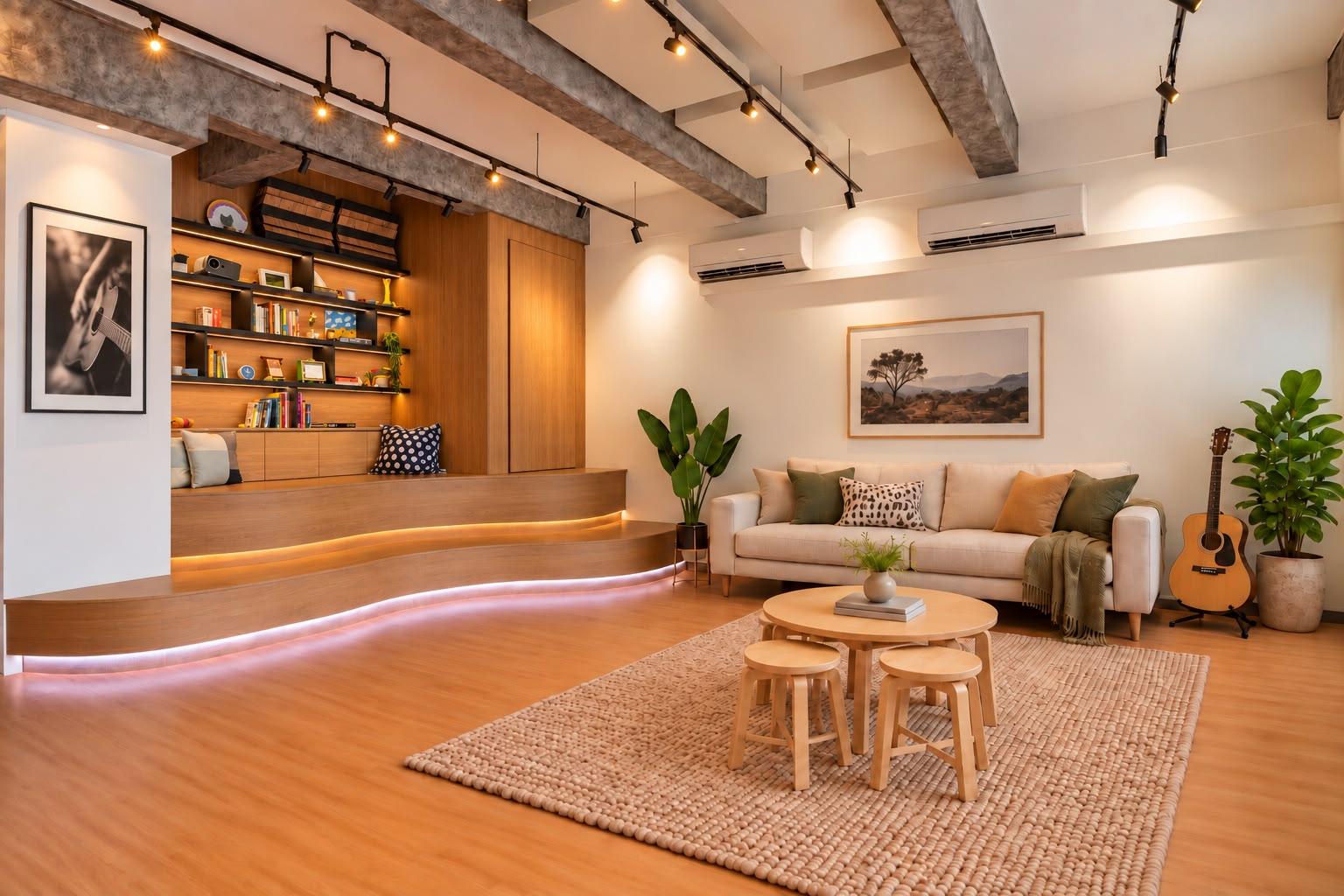Eclectic Studio with Bookshelf and Storage Cabinets