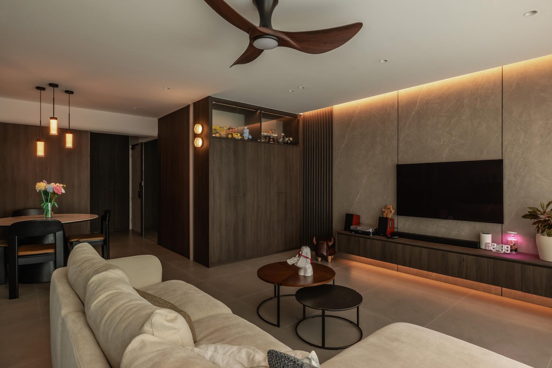 Contemporary Living Room with TV Console and Feature Wall