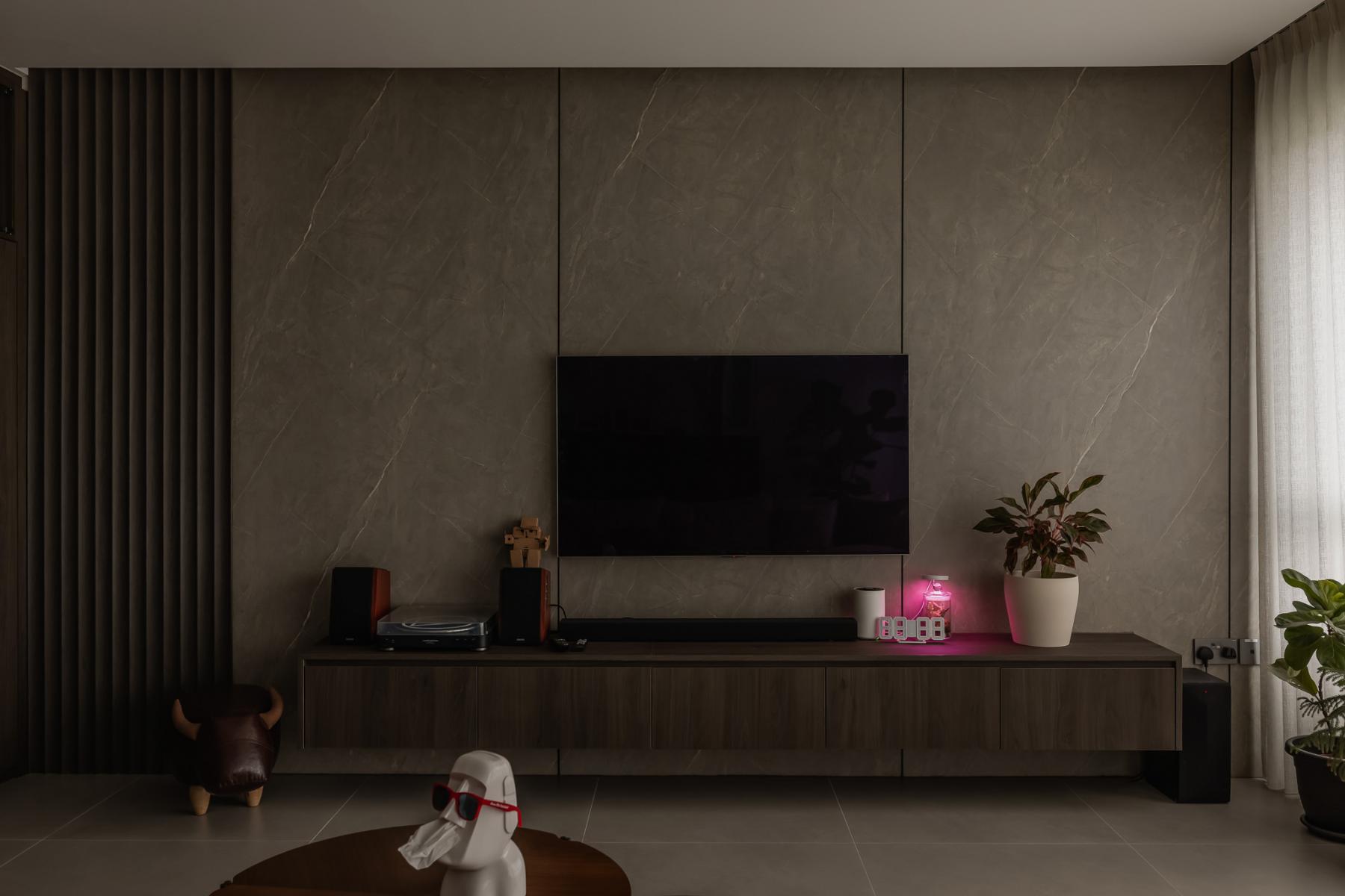 Contemporary Living Room with TV Console and Feature Wall