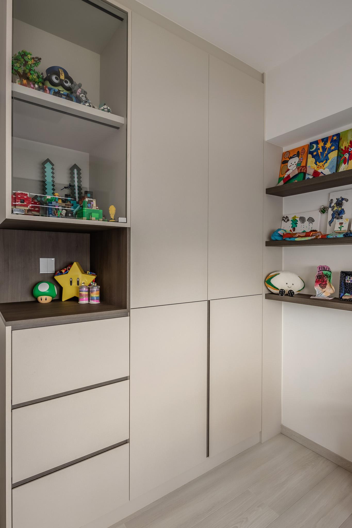 Contemporary Bedroom with Bookshelf and Vinyl Flooring