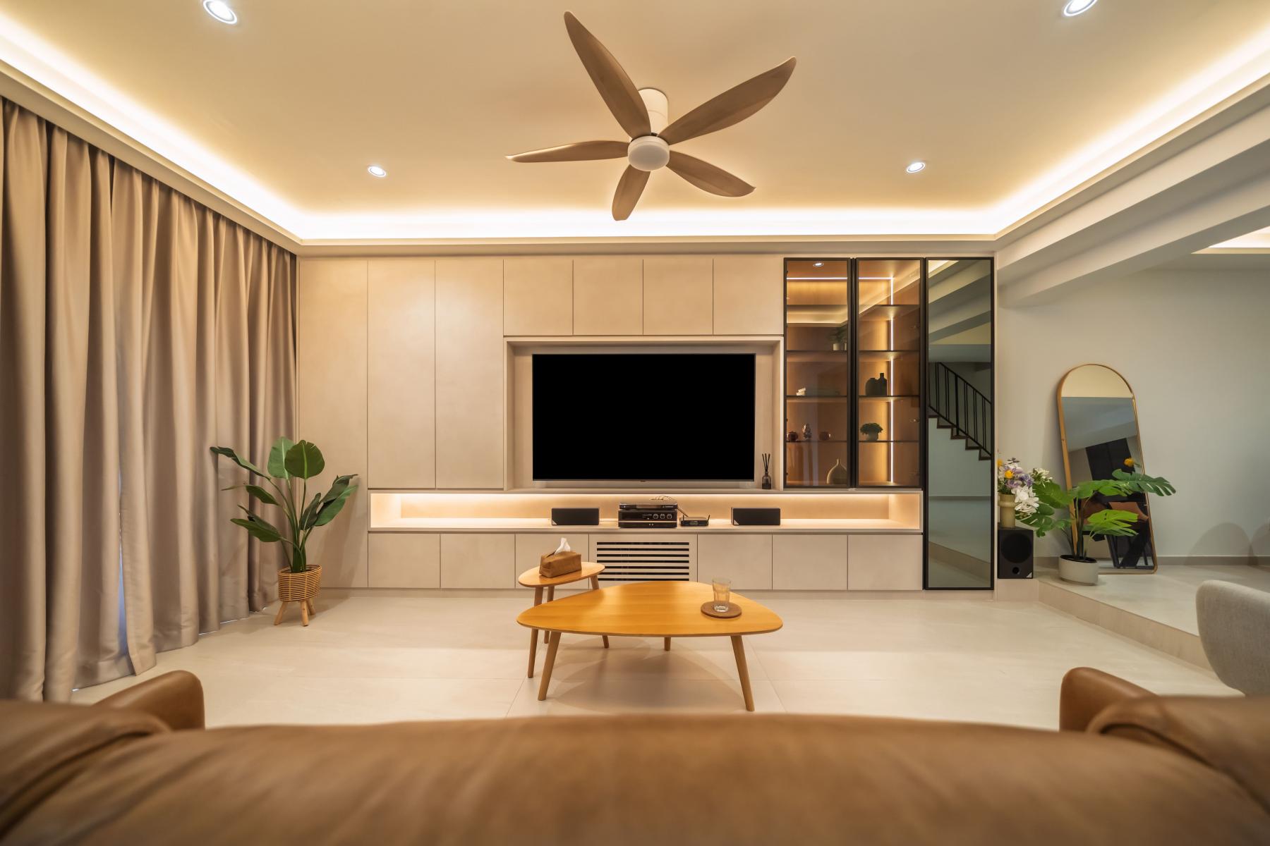 Modern Living Room with Bookshelf and TV Console