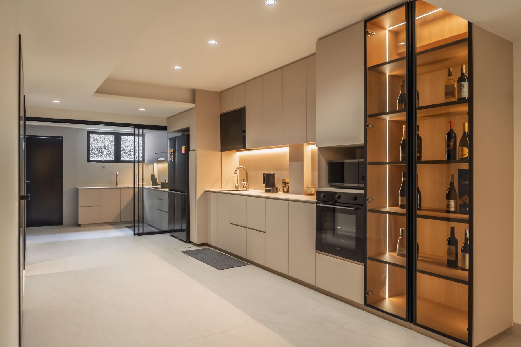 Modern Kitchen with Glass Door and Open Kitchen