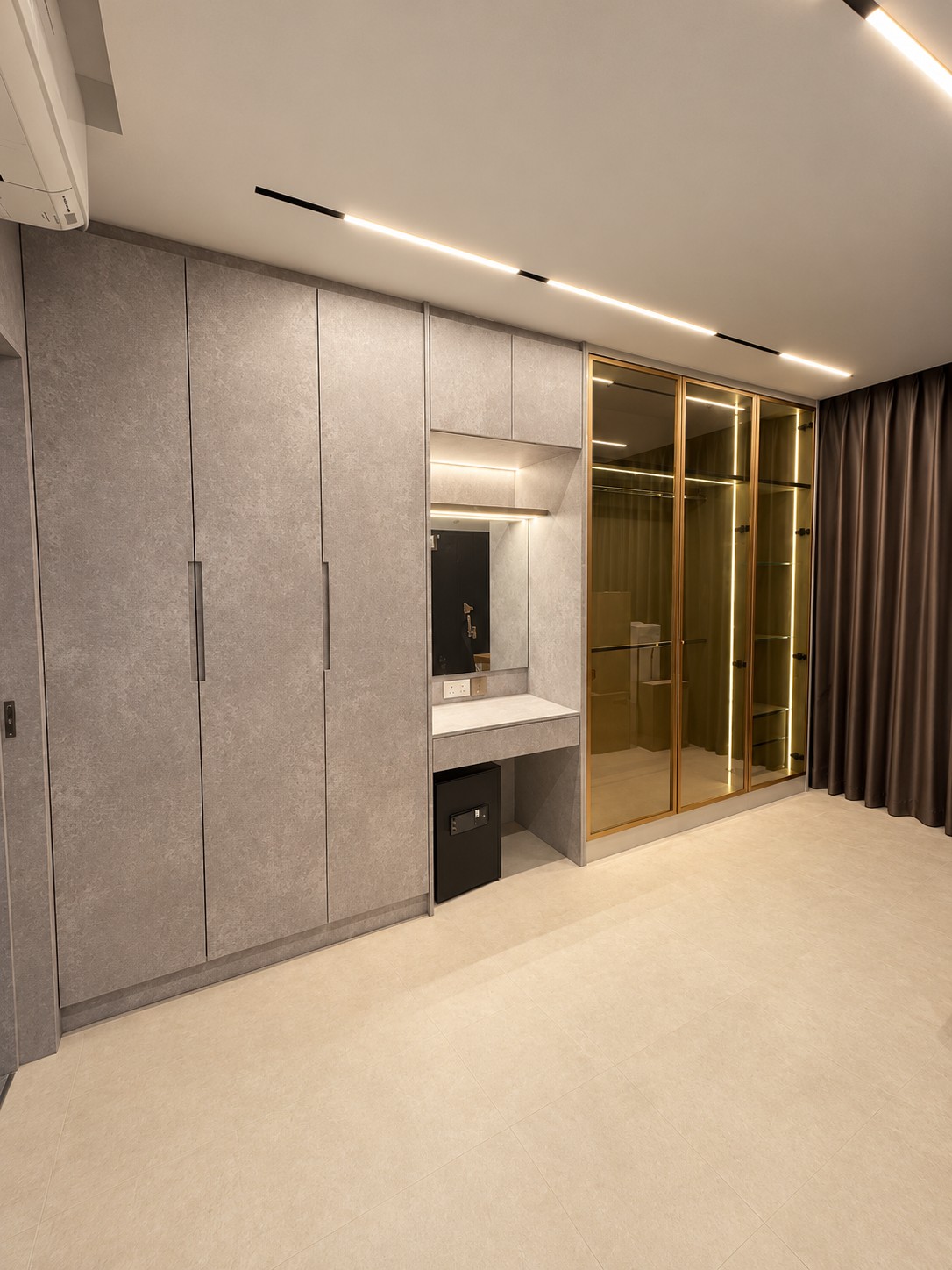 Modern Bedroom with Homogeneous Tiles and Ceiling Light