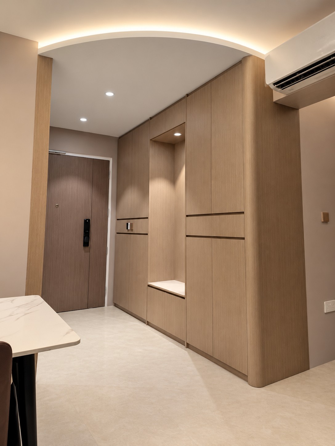 Modern Foyer with Homogeneous Tiles and Ceiling Light
