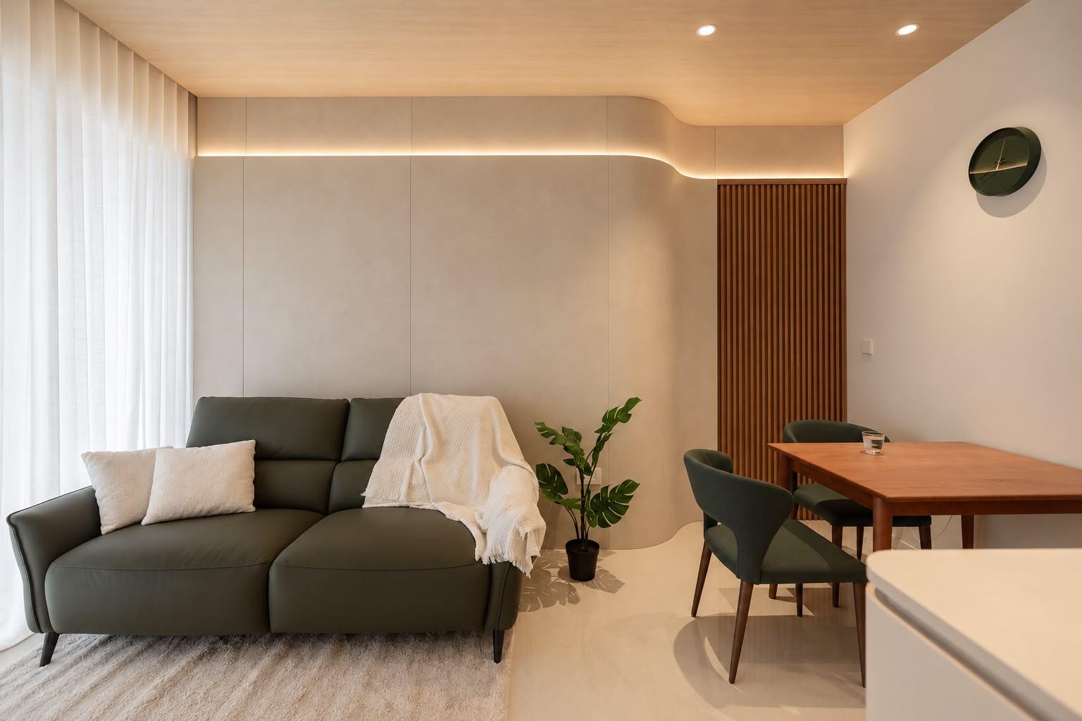 Contemporary Dining Room with Feature Wall and Cove Lighting