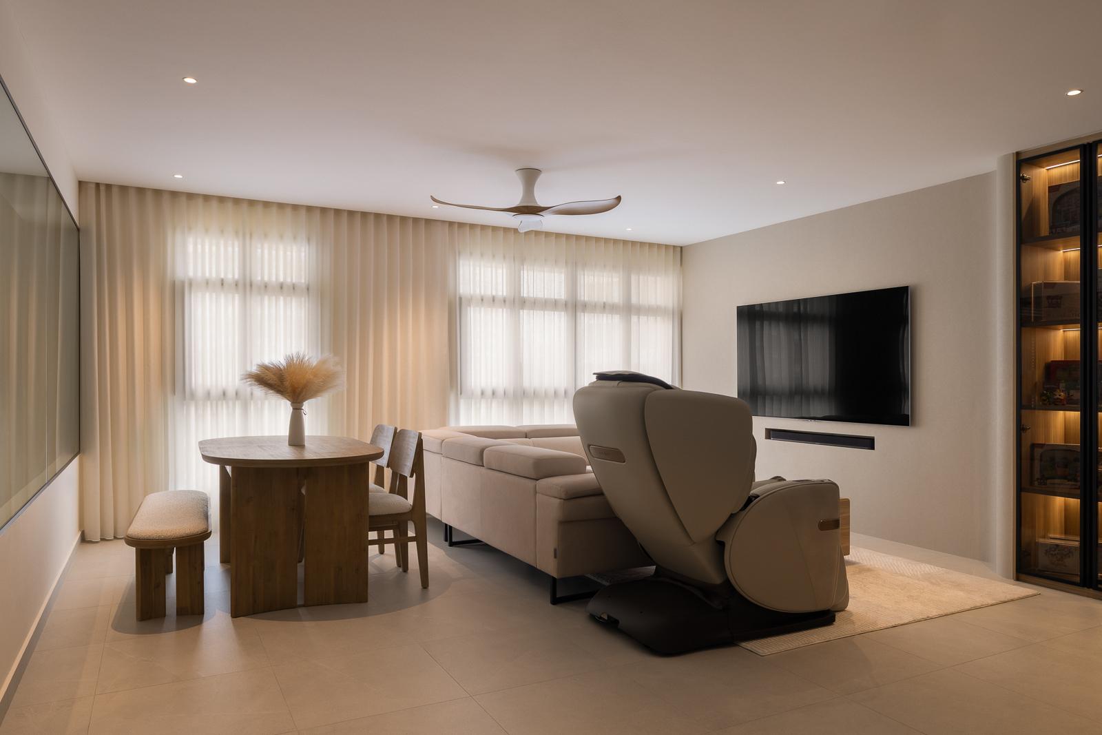 Modern Living Room with Homogeneous Tiles and Feature Wall