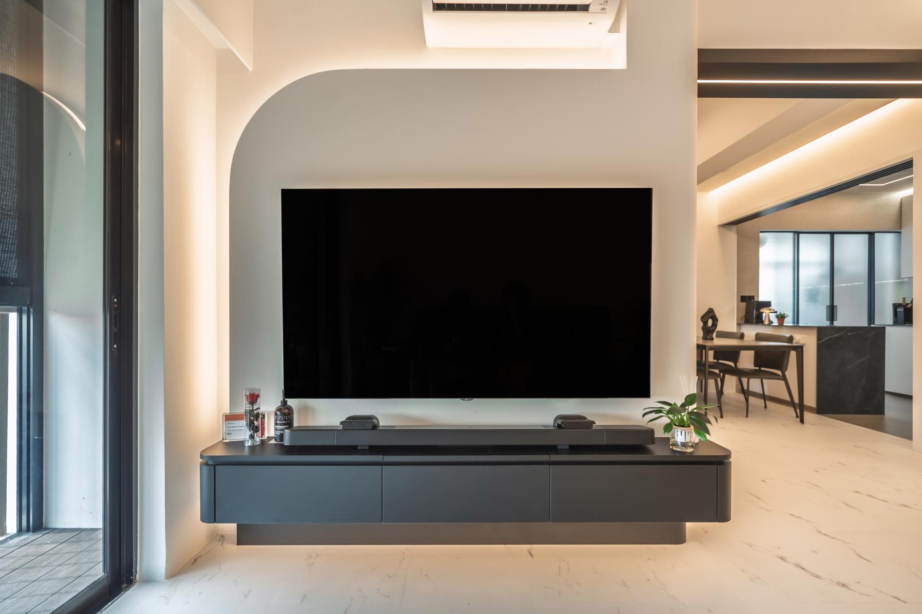 Modern Living Room with Marble Floor and TV Console