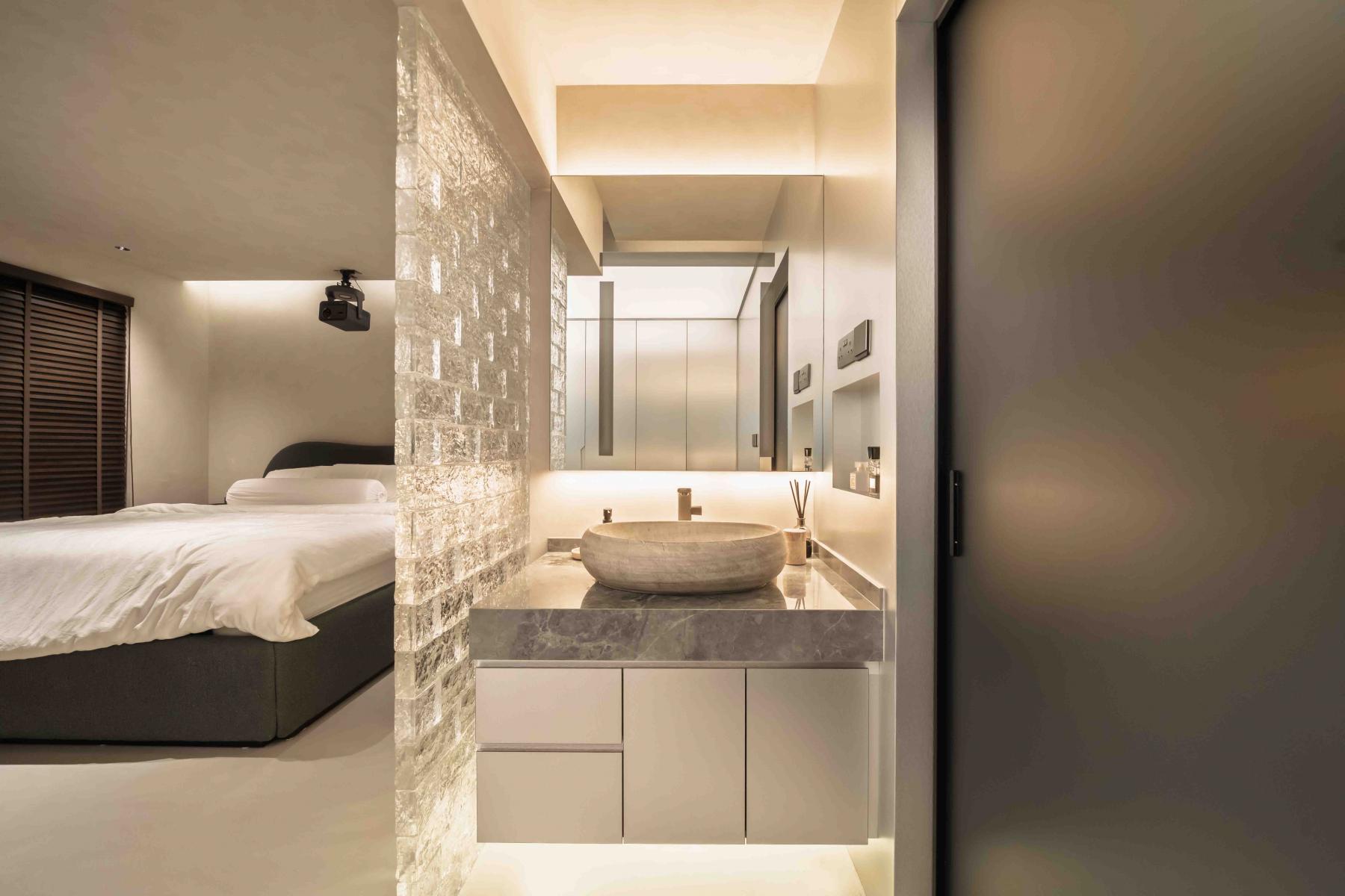 Industrial Bedroom with Cove Lighting and Bedroom Dresser