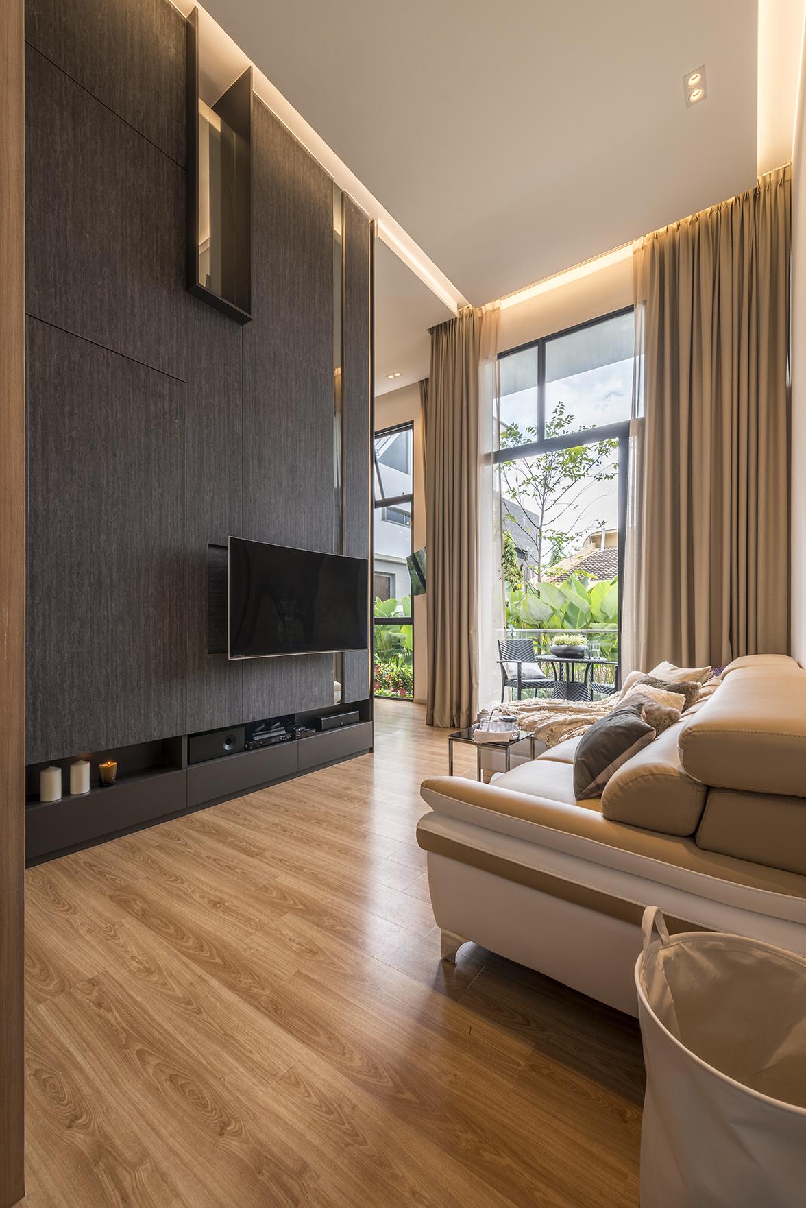 Contemporary Living Room with TV Console and Feature Wall