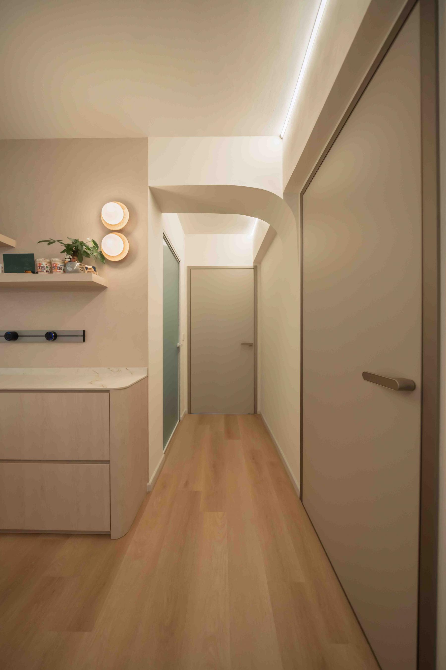 Asian Hallway with Bookshelf and Console Table