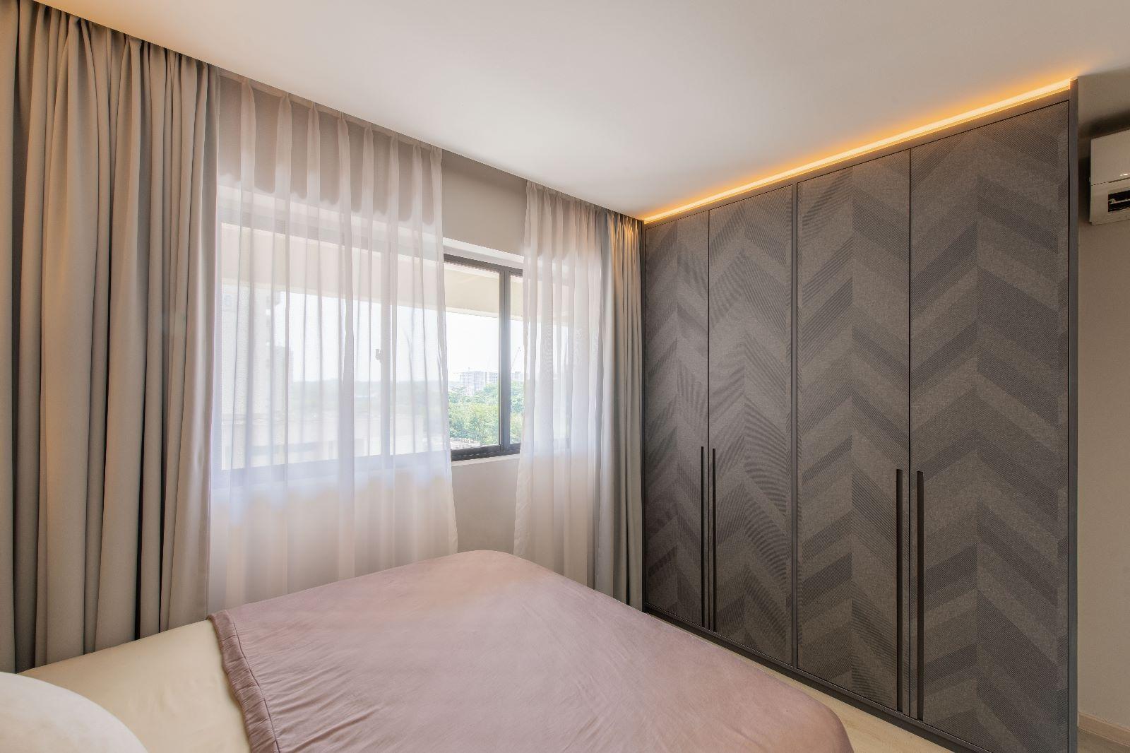 Scandinavian Bedroom with Roller Blinds and Bedside Table