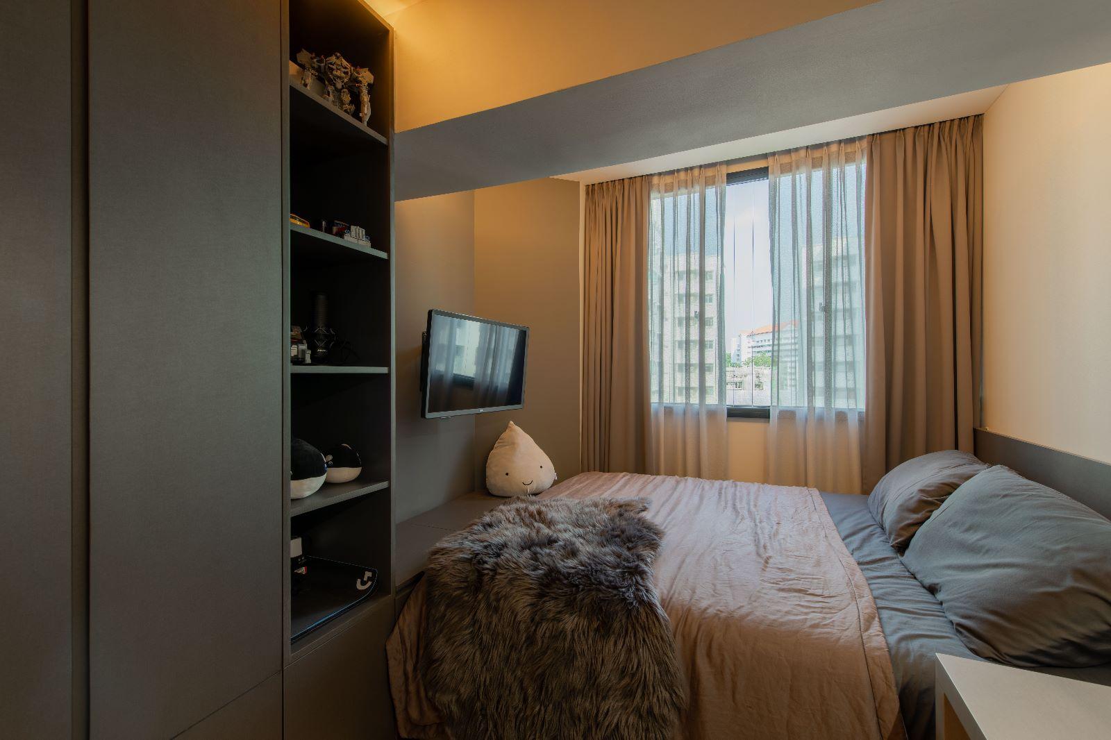 Scandinavian Bedroom with Bookshelf and Wardrobe