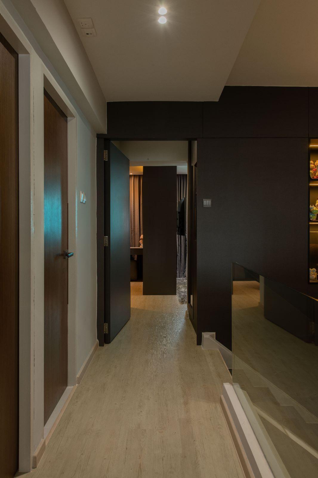 Scandinavian Hallway with Artwork and Storage Cabinets