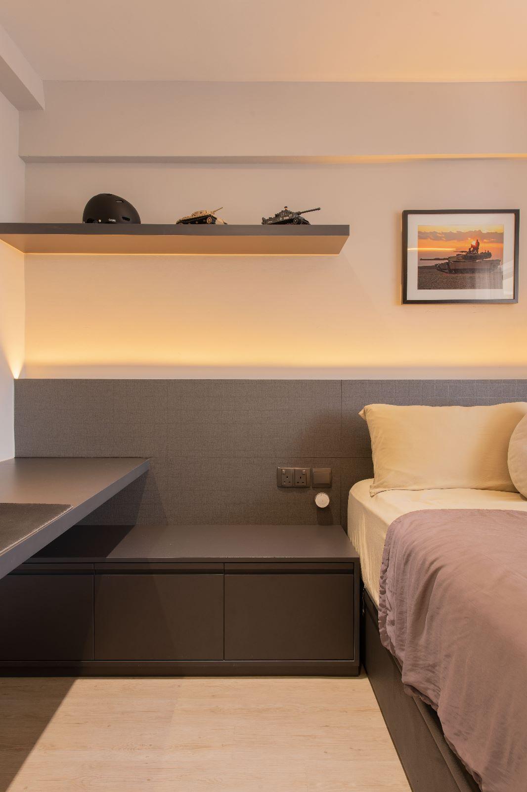Scandinavian Bedroom with Platform Bed and Cove Lighting