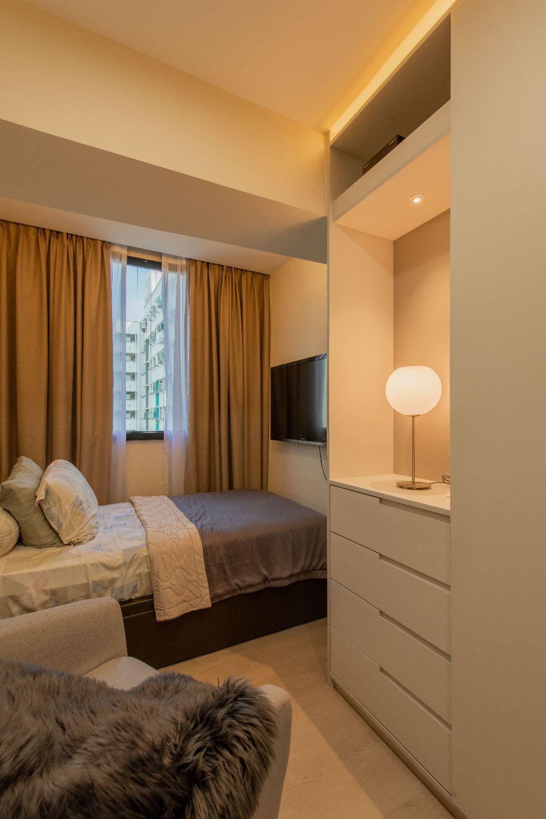Scandinavian Bedroom with Bay Window and Wardrobe