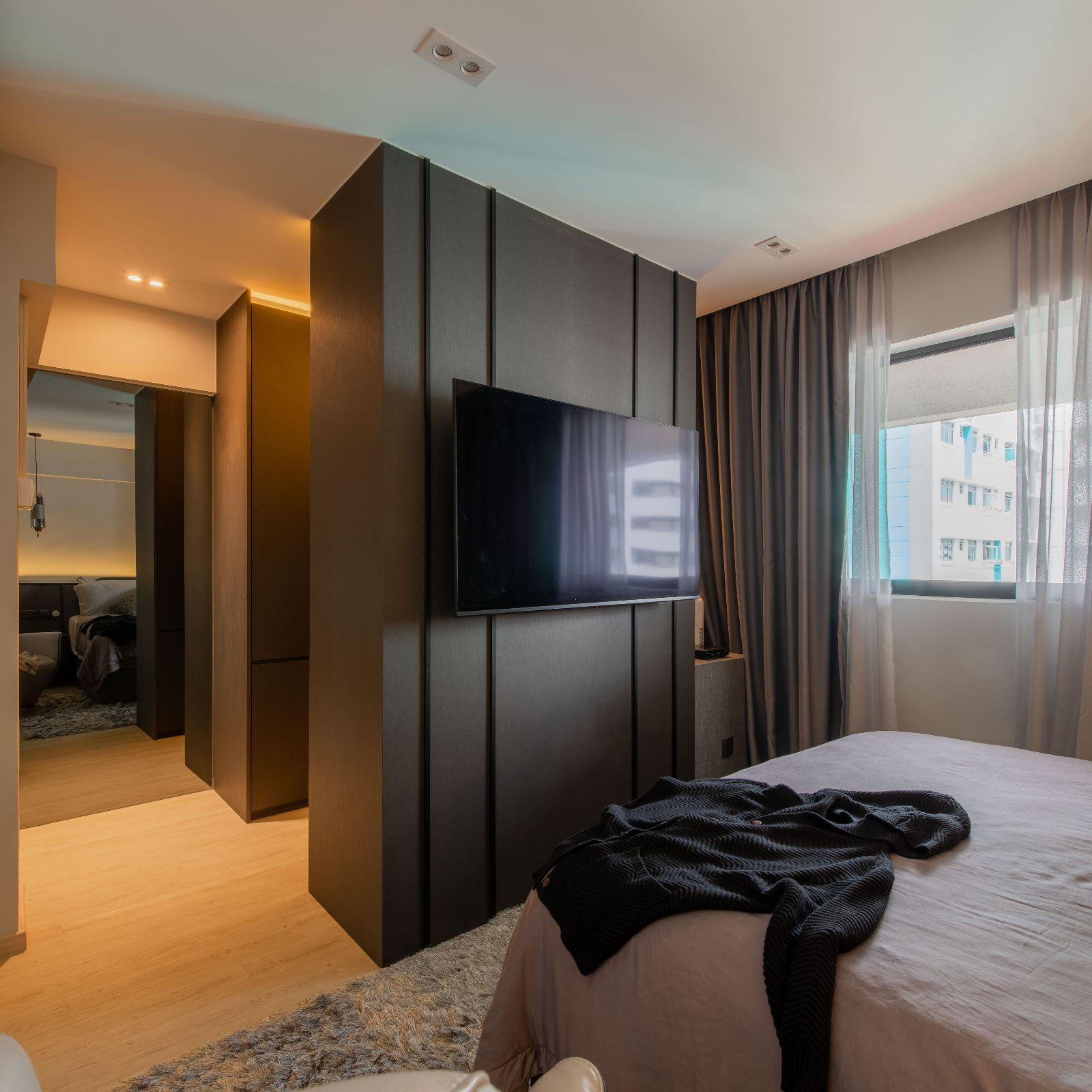 Scandinavian Bedroom with TV and Lighting