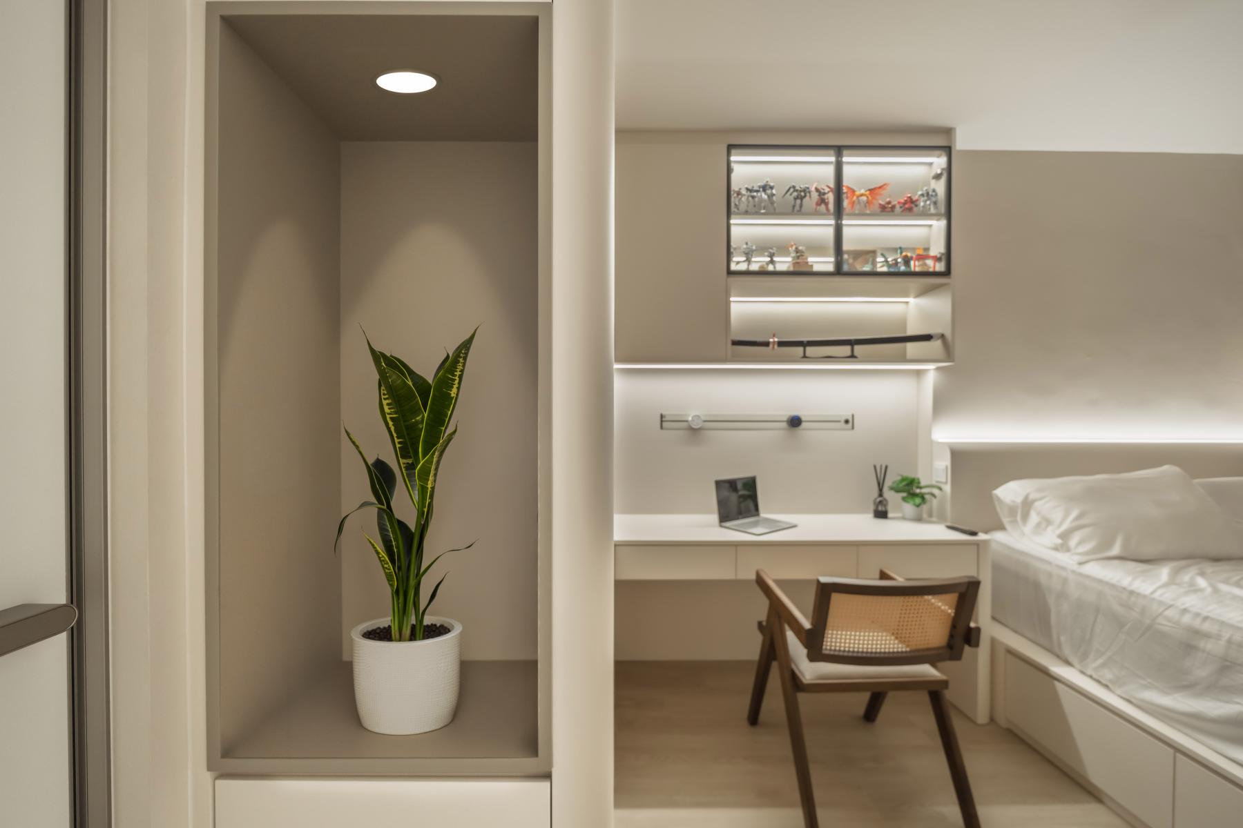 Modern Bedroom with Cove Lighting and Built-in Bed