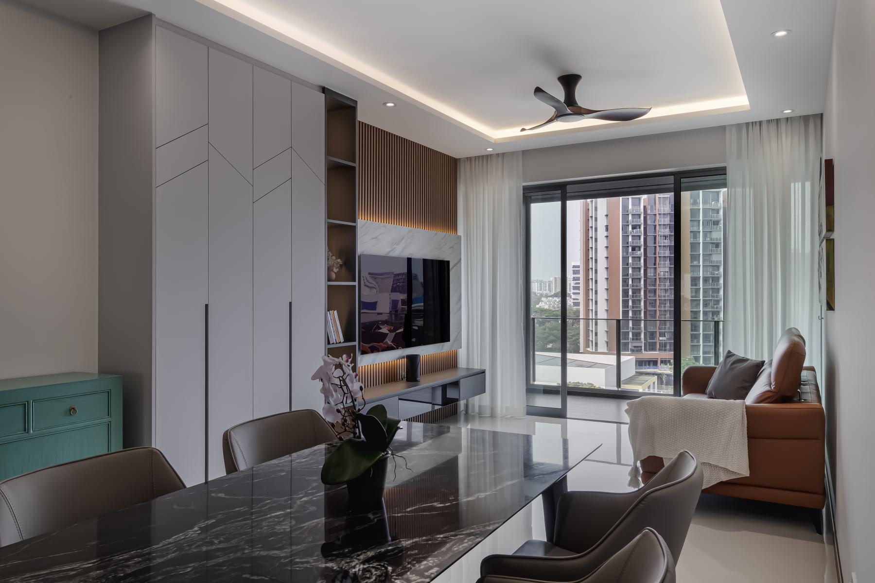 Contemporary Living Room with TV Console and Cove Lighting