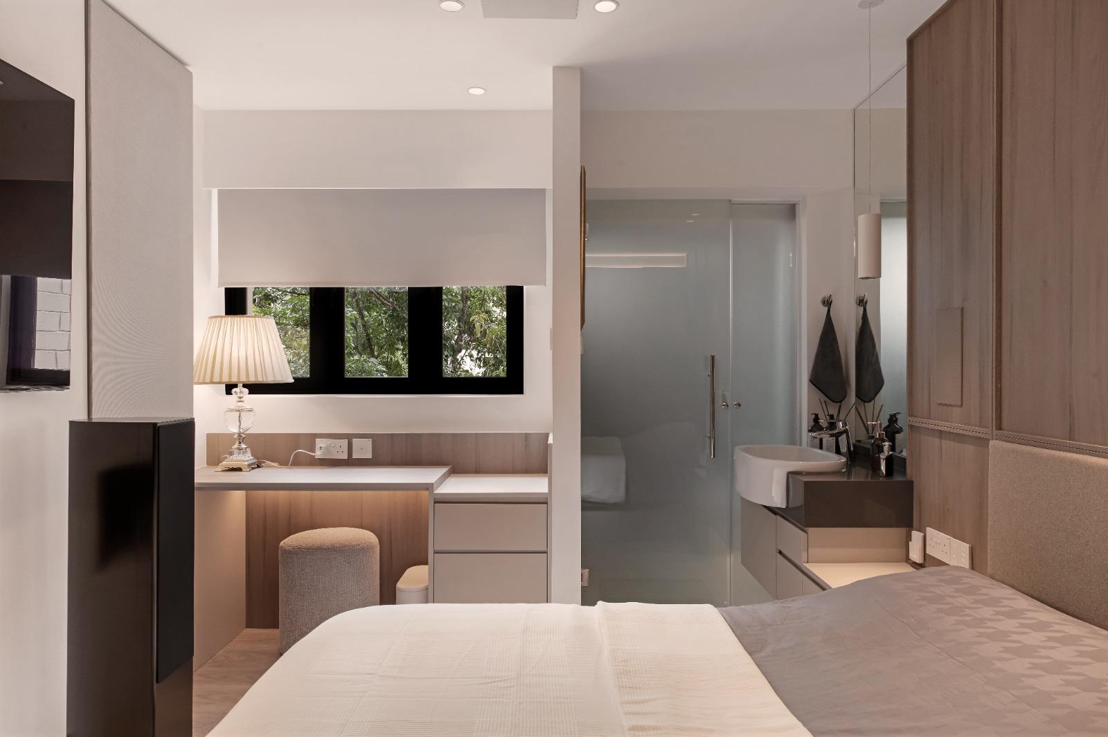 Modern Bedroom with Bay Window and Bedside Table