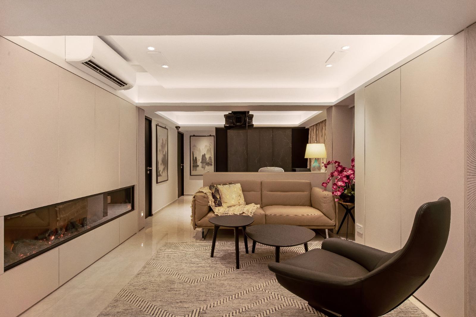 Modern Living Room with Bookshelf and Granite Floor
