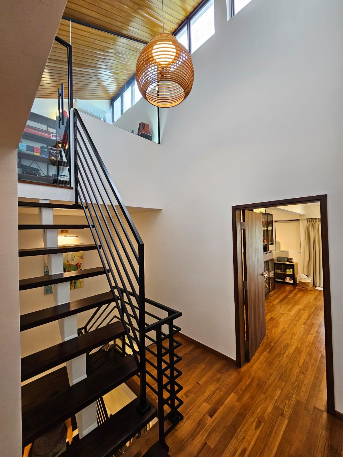 Contemporary Hallway with Wood Flooring and Staircase