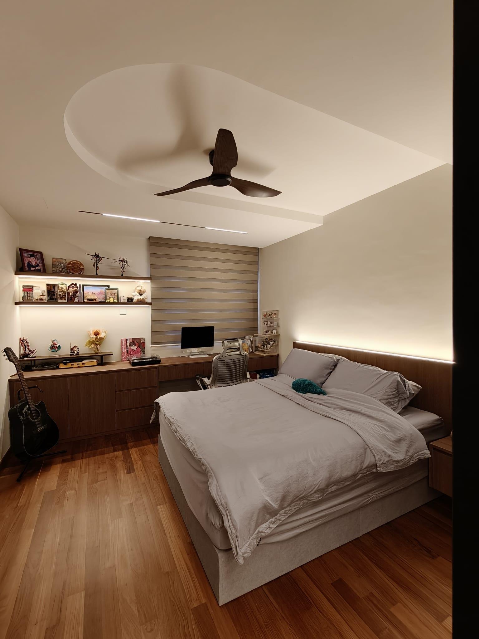 Modern Bedroom with Bookshelf and Drop Ceiling