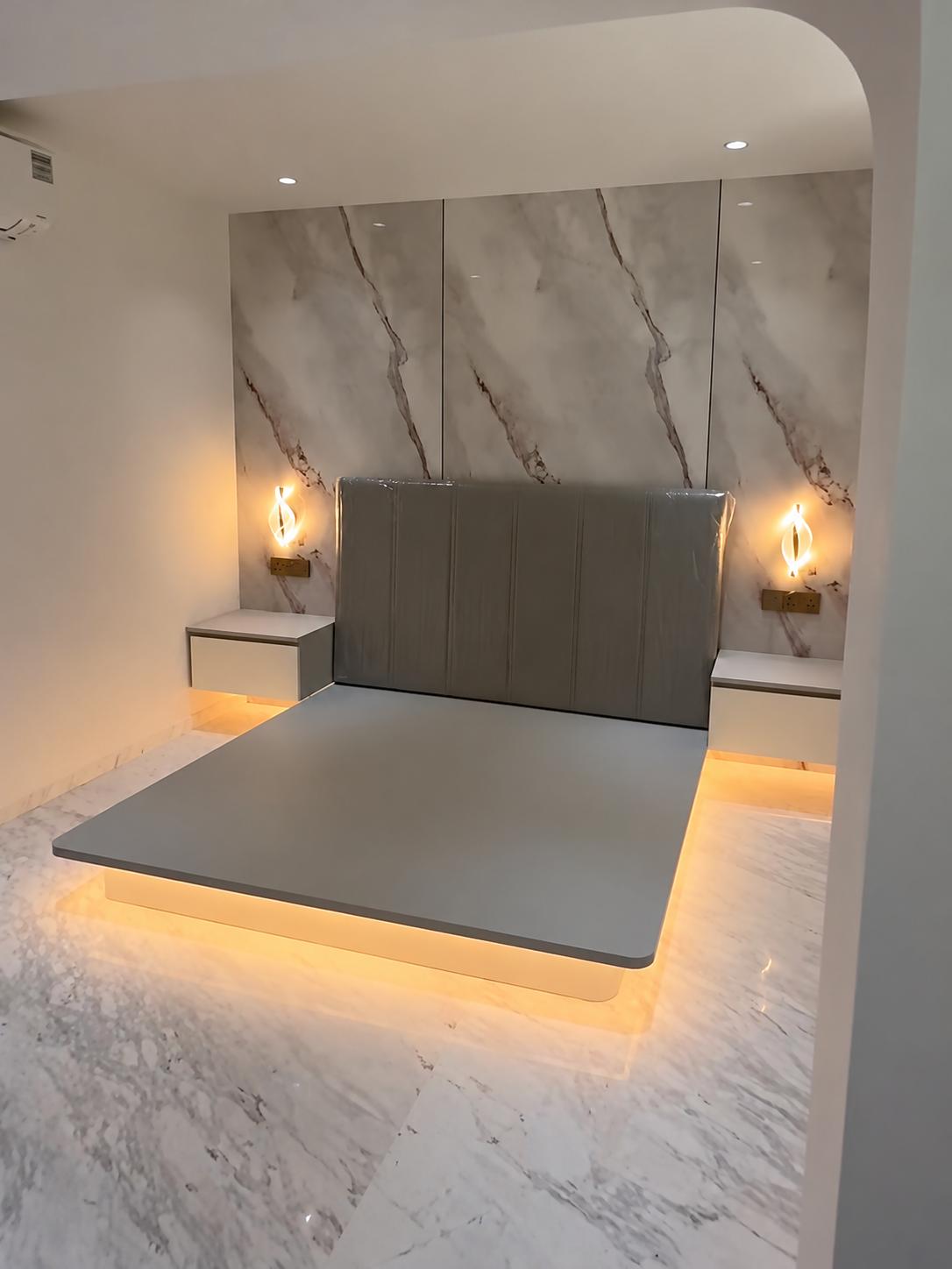 Contemporary Bedroom with Platform Bed and Marble Floor
