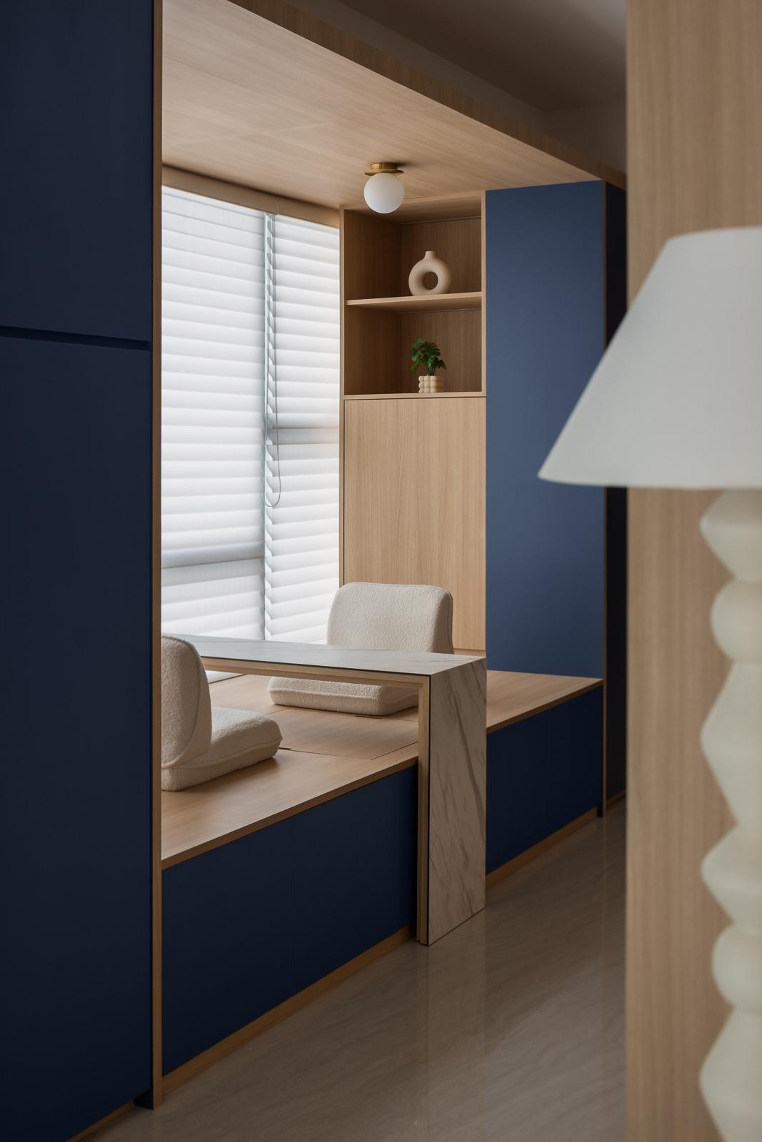 Contemporary Hallway with Bookshelf and Storage Cabinets