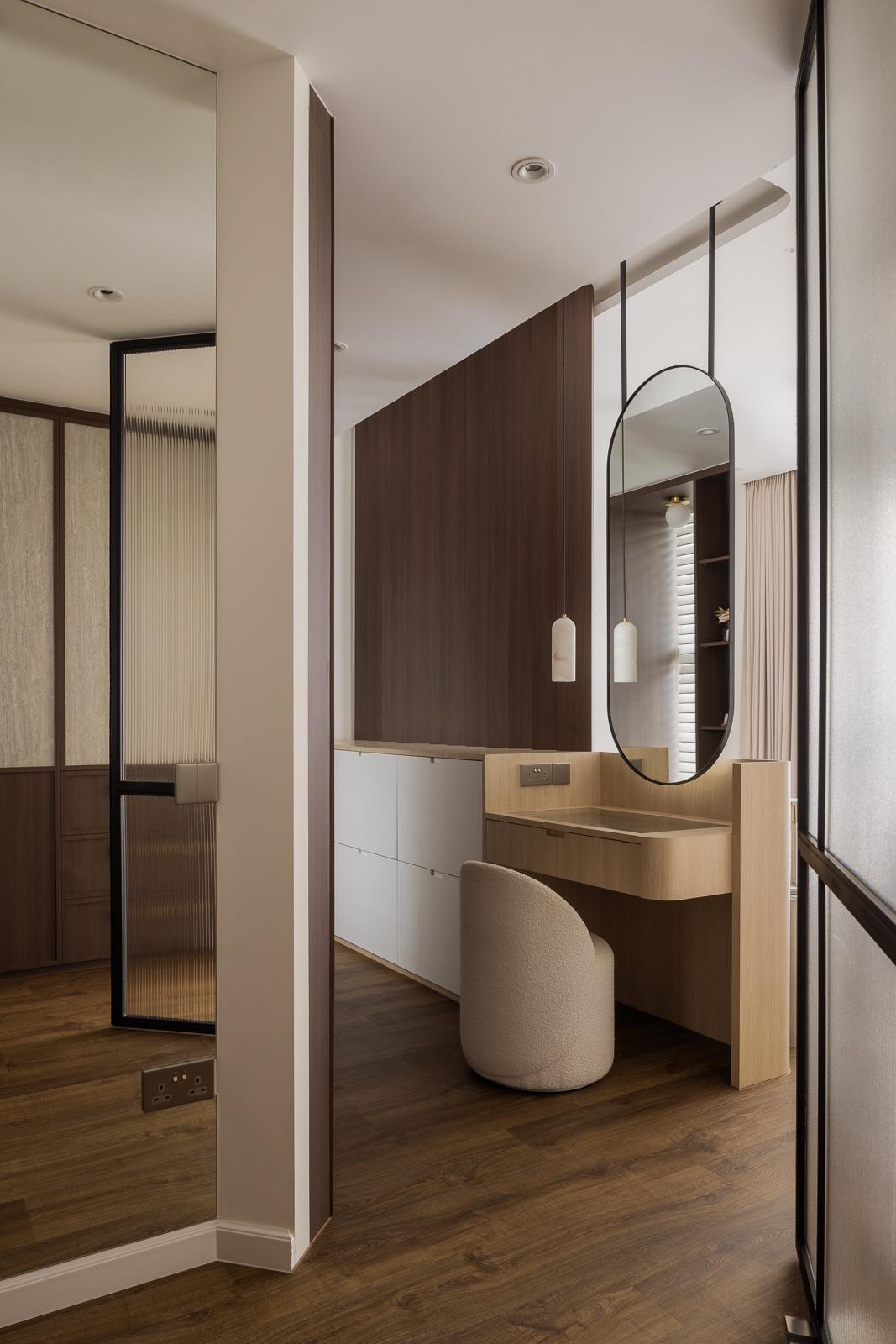 Contemporary Bedroom with Wood Flooring and Mirror