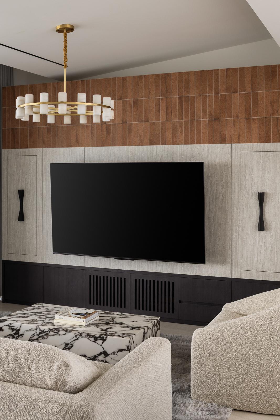 Contemporary Living Room with TV Console and Feature Wall