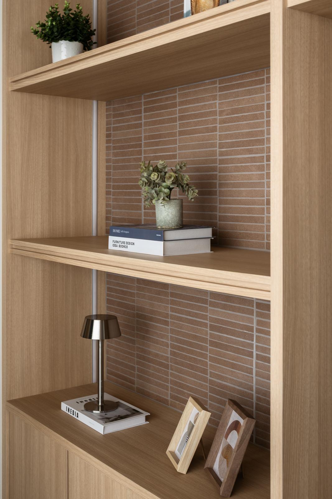 Contemporary Hallway with Bookshelf and Homogeneous Tiles