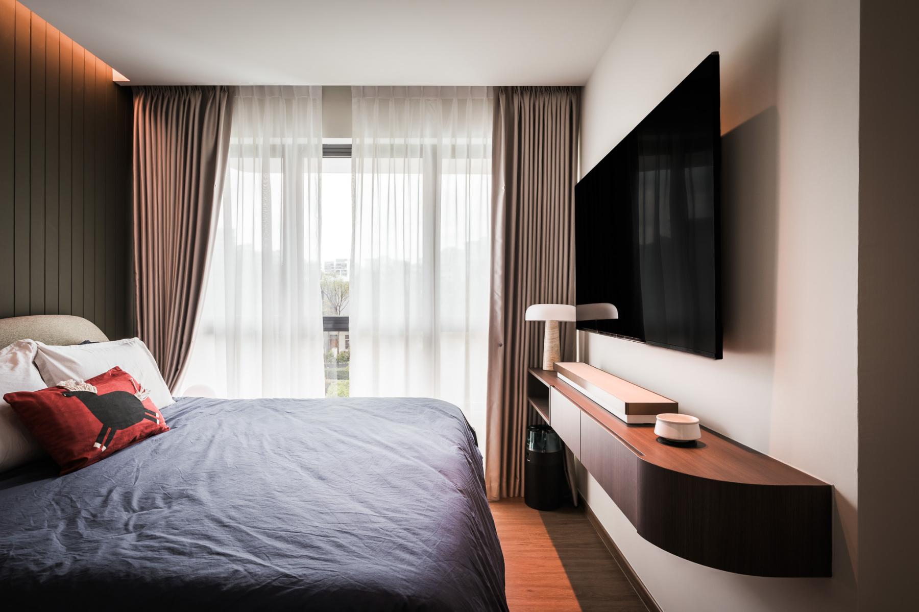 Modern Bedroom with Ceiling Light and Roller Blinds