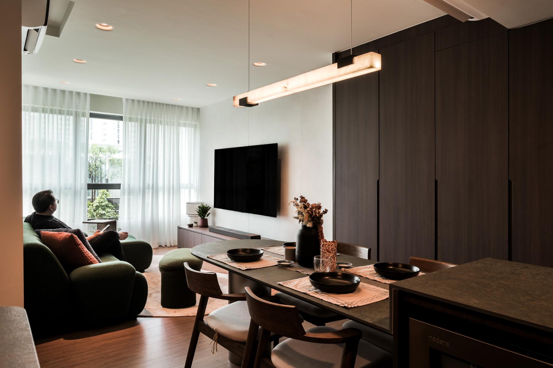 Modern Living Room with Wood Flooring and Open Kitchen
