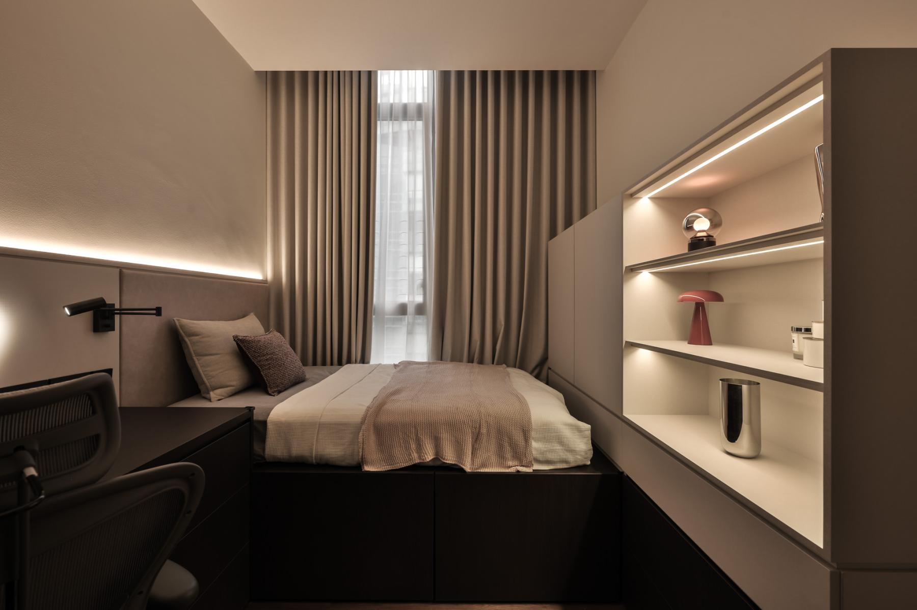 Minimalist Bedroom with Platform Bed and Bay Window