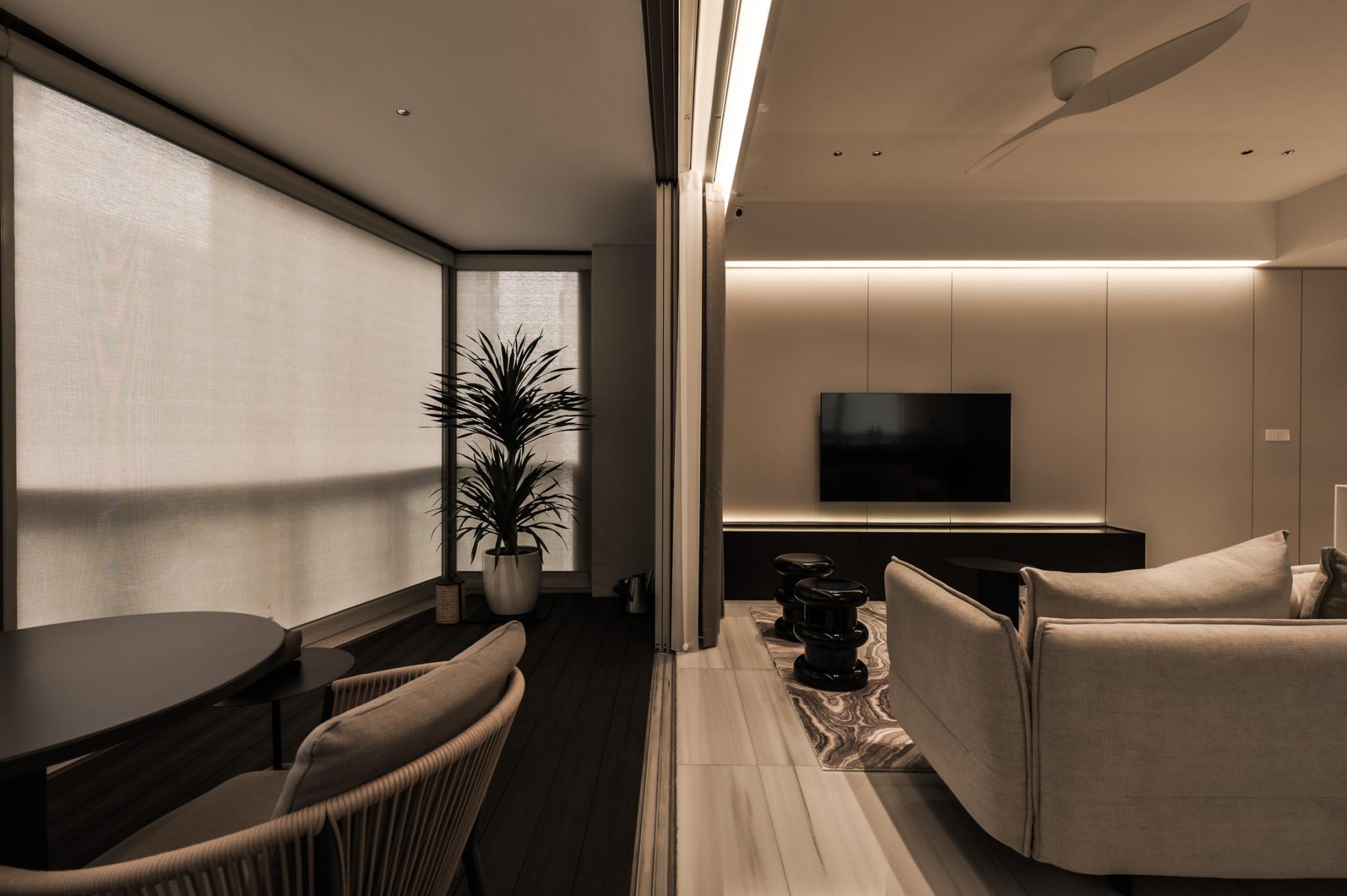 Minimalist Balcony with Bay Window and Window Seat