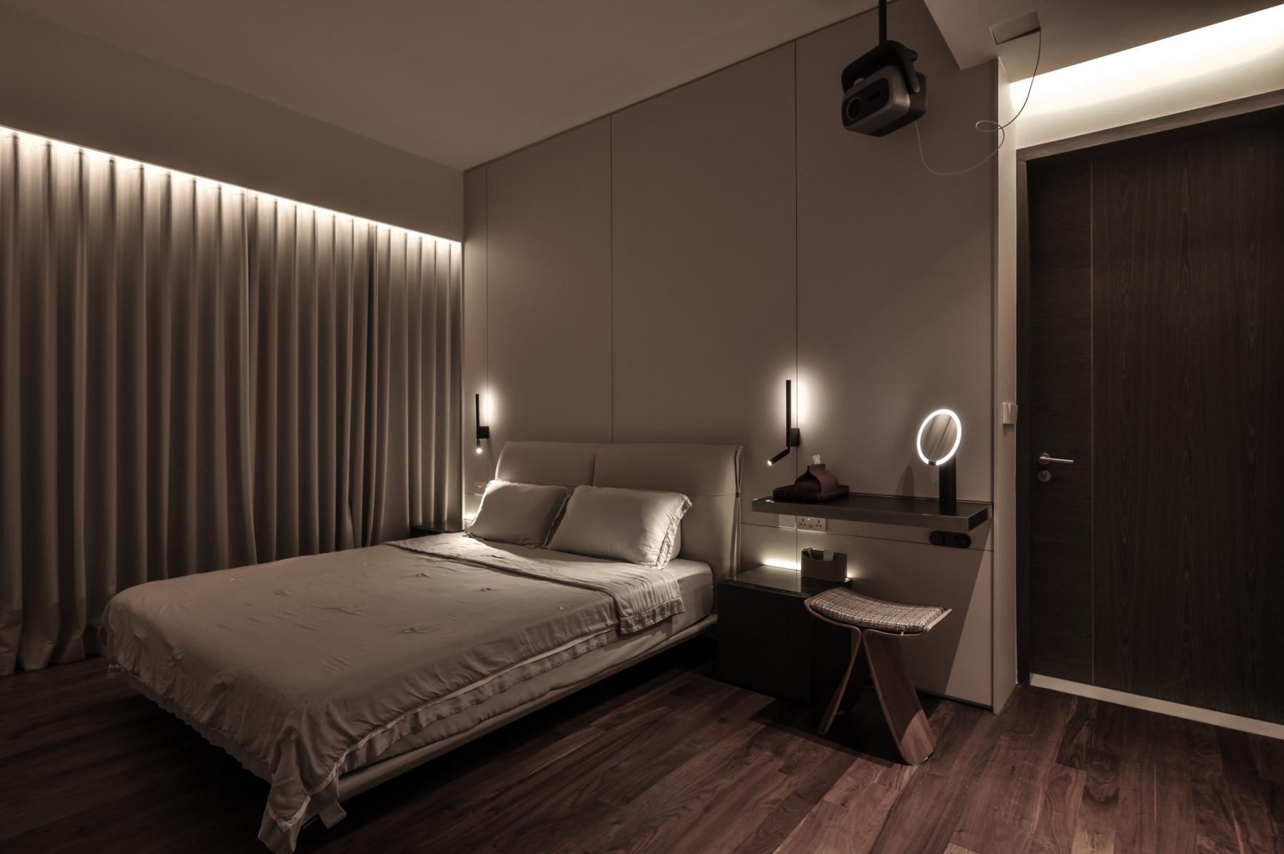 Minimalist Bedroom with Sideboard and Projector